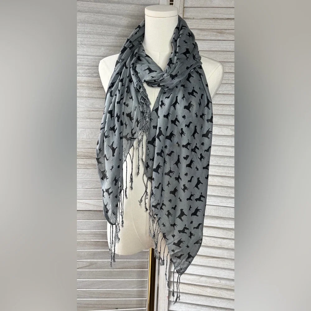 Dog Speak Gray Scarf Black Dog Print Fringe Wrap OS Cute Cozy Gift Trendy